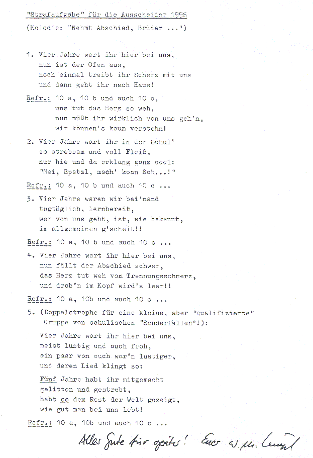 "Strafaufgabe" von Herrn Hingerl f&uuml;r die Ausscheider 1996